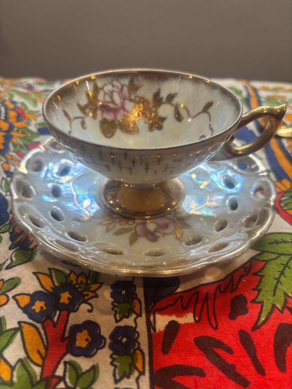 Vintage Iridescent Lusterware Teacup & Saucer Set | Pierced Reticulated Floral